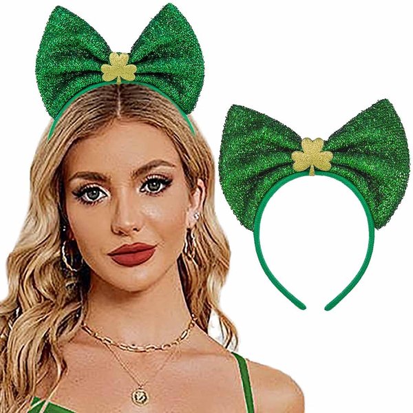 Outyua St Patricks Day Headband Shamrock Green Bow Headbands Sequin Hair Hoops Irish Accessories for Women Costume Party Favor (Green Bow1)
