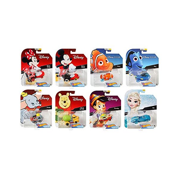 Hot Wheels 2019 Disney/Pixar Character Cars Case D, Set of 8 Collectible Die Cast Toy Cars Minnie Mouse, Mickey Mouse, Nemo, Dory, Dumbo, Winnie The Pooh, Pinocchio, Elsa