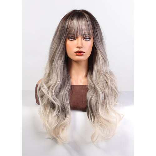 topshe Silver Grey Wig, Synthetic Wigs with Bangs 24 Inch Wavy Wig for Women Body Wave Hair Wig Ready to Go Premium Hair Fiber