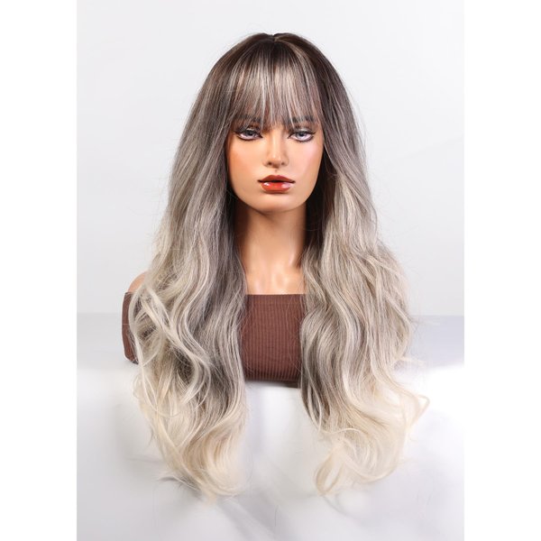 topshe Silver Grey Wig, Synthetic Wigs with Bangs 24 Inch Wavy Wig for Women Body Wave Hair Wig Ready to Go Premium Hair Fiber