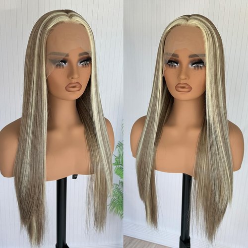 GJRainDY Highlights Blonde Synthetic Lace Front Wigs for Women Straight Brown Mixed Blonde Color Long Hair Wig 13x4 Free Part Lace Wig Thick Soft Heat Resistant Glueless Lace Front Wig Fiber Hair