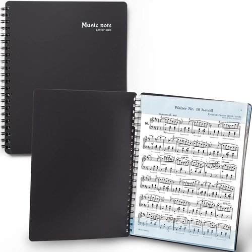 MECCALINE Sheet Music Folder (1 Pack, Black) – 40 Sleeves Display 80 Pages Spiral Binder Organizer for Music Stand – Fits Letter Size 8.5 x 11 Inch – Direct Page Writing with Detachable Name Tag