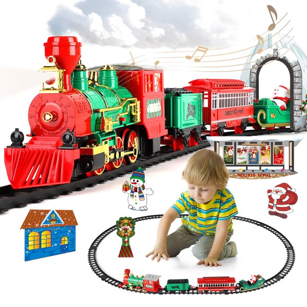 Christmas Train Set with Smoke, Light and Sounds, Kids Train Set, Toy Train Set for Around The Tree, Train Toy for Ages 3 4 5 6 7 8+ Years Old Boys, Green