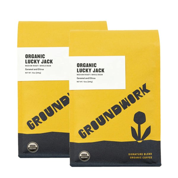 Groundwork Certified Organic Whole Bean Coffee, Lucky Jack, 12 oz Bag (Pack of 2)