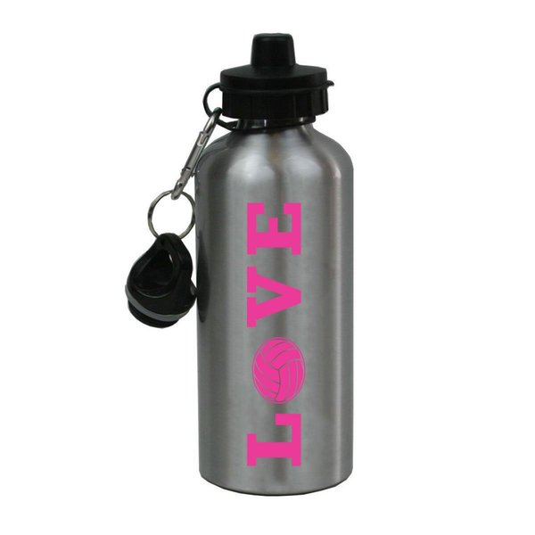 Engraved Cases Silver Aluminum Hot Pink Love Volleyball, 20-Ounce (600 ML) Sport Water Bottle with Sports Top, Carabiner