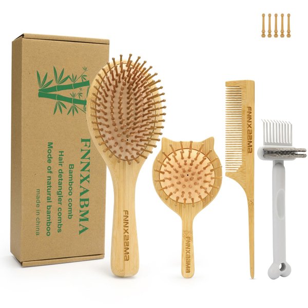 Bamboo Hair Brush Set, Eco-Friendly Anti-Static Detangling Comb Hairbrush, Mini Travel & Rat Tail Comb and Cleaning Tools for Women Men and Kids Thick/Thin/Curly/Dry Hair Gift