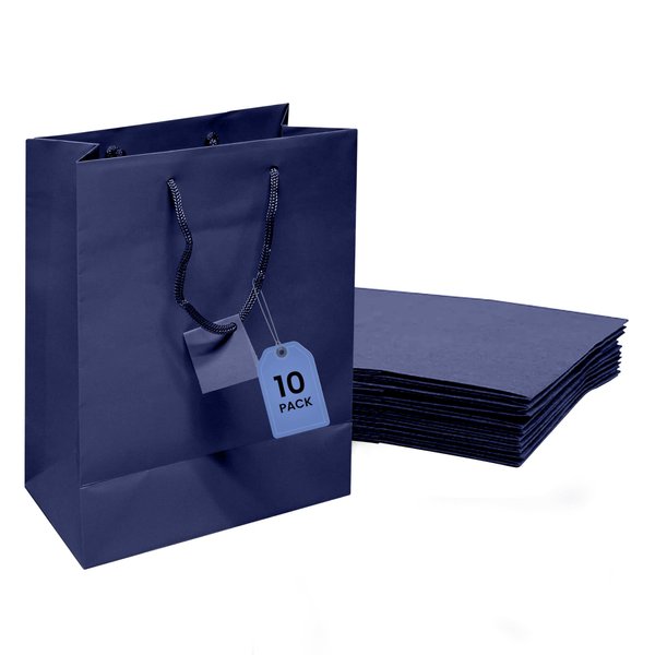 Novel Box® Navy Blue Matte Laminated Euro Tote Paper Gift Bag Bundle 8"X4"X10" (10 Count) + NB Cleaning Cloth