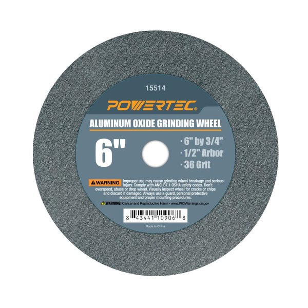 POWERTEC 15514 Bench and Pedestal Grinding Wheels, 6 Inch x 3/4 Inch, 1/2 Arbor, 36 Grit, Aluminum Oxide Bench Grinder Wheel for Bench Grinder