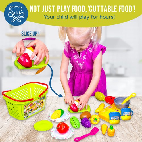 FUNERICA Kids Play Food Sets for Kids Kitchen - Cutting Play Vegetables and Fruits with Grocery Shopping Basket, Mini Cooking Top, Pot, Dishes, and Utensils