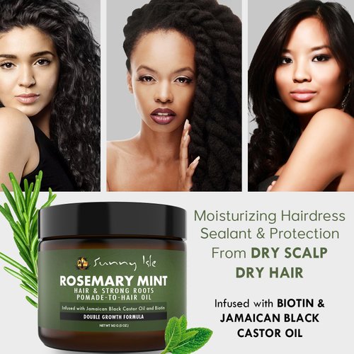 Sunny Isle Rosemary Mint Hair & Strong Roots Pomade-To-Hair Oil 5oz | Double Growth Formula | Infused with Biotin & Jamaican Black Castor Oil | Sealant for Dry Hair & Split Ends