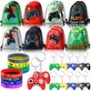 Hungdao 48 Pcs Birthday Party Favors 16 Video Game Party Drawstring Bags Farm Animal Goodie Bag 16 Blocks Wristband Tie Dye Bracelet 16 Construction Mermaid Keychain for Party Supply (Game)