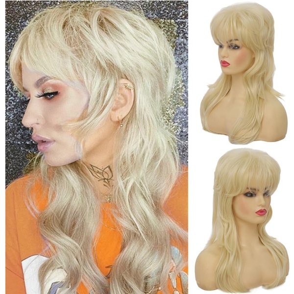 Dai Cloud Blonde Mullet Wigs for women Shaggy Layered Wig with Bangs Shoulder Length Soft Natural Wavy Shags Wig 80s Rocker Cosplay Daily Party Costume Use