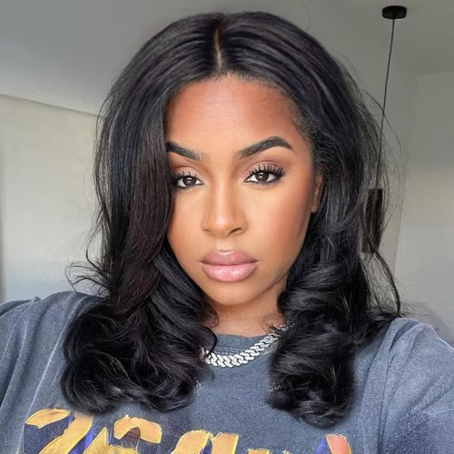 FAVE Short Body Wave Wig Shoulder Length Synthetic Wig Middle Part Natural Black Wigs for Black Women 180% Density Ocean Wave Wig (Natural Black)