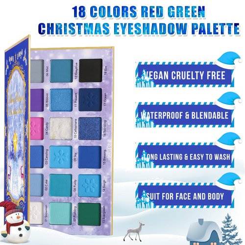 Blue Eyeshadow Palette, 18 Color Christmas Eyeshadow Makeup Palette Cool Toned Blue Make Up for Eyes and Lip, Bright Matte Shimmer Intense Color Pay off Blue Pink Purple Makeup Pallet for Xmas Stage