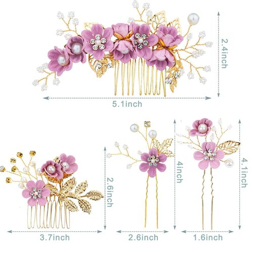 4Pcs Bridal Headpieces Hair Combs, Handmade Hair Comb Set Flower Pearl Hair Barrettes, Crystal Floral Leaf Hair Clip Hair Accessories for Women Girls Bride Bridesmaid (Type F)