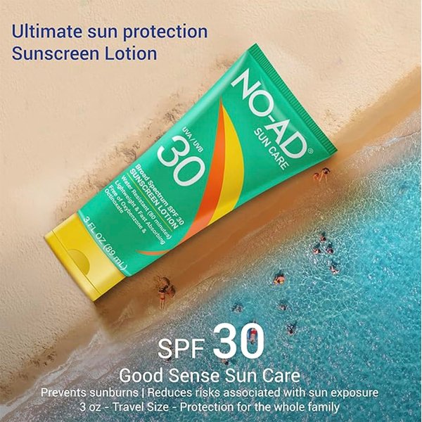 NO-AD SPF 30 Sunscreen Lotion | Broad Spectrum UVA/UVB Protection | Water Resistant | Octinoxate & Oxybenzone Free with moisturizing Vitamin E and Aloe 3oz
