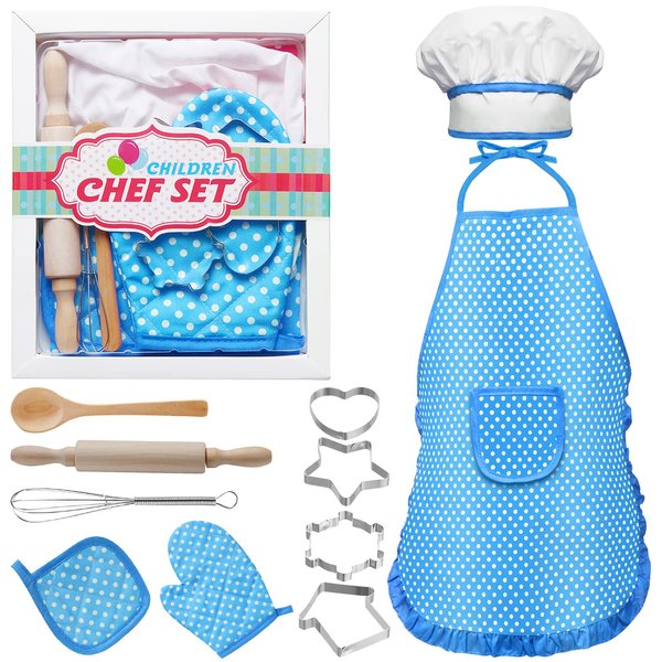 Kids Cooking and Baking Set,11 Pcs Kids Aprons for Girls,Chef Costume Set,Includes Kids Apron and Chef Hat,Mitt & Cooking Cutters,Toddler Chef Role Play Cooking Toys Gifts for Girls Ages 3-8 (Blue)