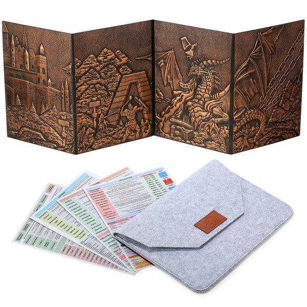 DNDND DM Screen 3D Faux-Leather Embossed Dragon with Four-Panel Pockets, DND Master Screen with Gorgeous Gift Flet Case for D&D Dungeons and Dragon Tabletop Game (Copper)
