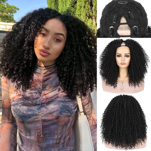 Quantum Love V part Curly Wigs Afro Curly Twist Out African American Wig for Black Women Afro Bomb Kinky Curly Synthetic Glueless Natural Black Wig 16 Inches
