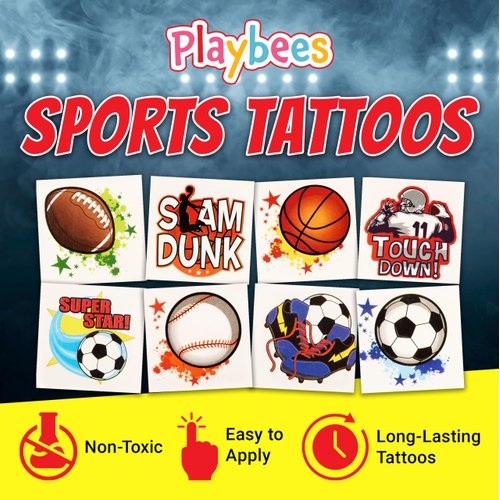 Playbees Sports Tattoos - 144 Pack - Assorted Goofy Sports Designs Tattoos - 2 Inches - Easy to Apply, Water-Based Ink - Sports Party Favors, Bag Stuffers, Fun Gifts - Safe for Kids, Ages 5+