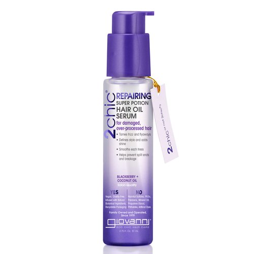GIOVANNI 2chic Ultra-Repairing Super Potion Hair Oil Serum, 2.75 oz. - Blackberry & Coconut Milk, Restoring Leave In Treatment for Dry Damaged Color Treated Hair, Paraben Free, Color Safe