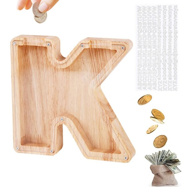 LIHMHSA Alphabet K Wooden Letter Piggy Bank | Coin Bank for Boys, Girls, and Toddlers | Birthday Gift for Kids | Children's Day Present | Family Financial Management Tool | Can Serve as Home Decor