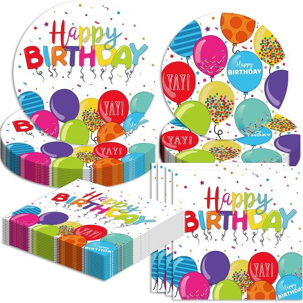 Happy Birthday Decorations Happy Birthday Party Tableware Includes Happy Birthday Paper Plates and Napkins Confetti Rainbow Balloons for Kid's Happy Birthday Party Supplies Serves 16