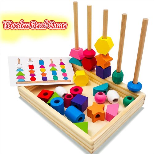 Montessori Toys for 2 3 4 5 Year Old Toddler, Wooden Beads Sequencing Toy Set, Lacing Beads & Stacking Block & Matching Shape Stacker, STEM Preschool Learning Montessori Toys Gifts for Kids Boy Girl