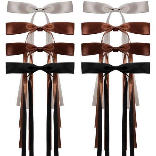 Atoden Hair Bows Hair Ribbon Tassel Bow Hair Clips 8 Pcs Coquette Bows Silky Satin Long Tail Bowknot Hair Clips Alligator Clips Cute Hair Accessories for Women Girls Gifts Grey Brown Black