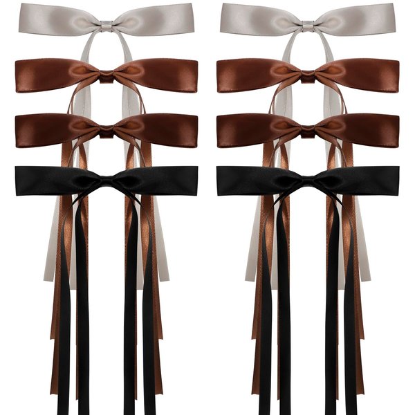 Atoden Hair Bows Hair Ribbon Tassel Bow Hair Clips 8 Pcs Coquette Bows Silky Satin Long Tail Bowknot Hair Clips Alligator Clips Cute Hair Accessories for Women Girls Gifts Grey Brown Black
