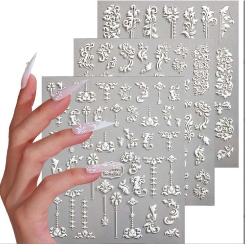 5D Embossed Nail Art Stickers, 3 Engraved Flower Nail Stickers, Summer Nail Art Supplies, self-Adhesive French Pointed Nail Design