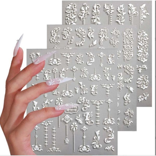 5D Embossed Nail Art Stickers, 3 Engraved Flower Nail Stickers, Summer Nail Art Supplies, self-Adhesive French Pointed Nail Design