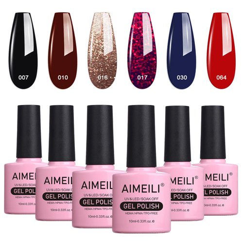 AIMEILI Gel Nail Polish Soak Off U V LED Gel Nail Lacquer, Black Wine Red Blue Glitter Color Gel Set Of 6pcs X 10ml - Kit Set 21