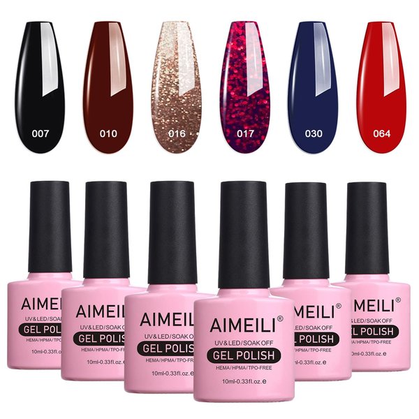 AIMEILI Gel Nail Polish Soak Off U V LED Gel Nail Lacquer, Black Wine Red Blue Glitter Color Gel Set Of 6pcs X 10ml - Kit Set 21
