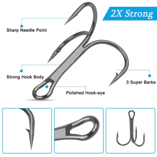 Black Treble Hooks Kit,145pcs Sharp Round Bend Treble Fishing Hooks Set High Carbon Steel Barbed Triple Fish Hook for Trout Catfish Saltwater Freshwater Size 2 4 6 8 10