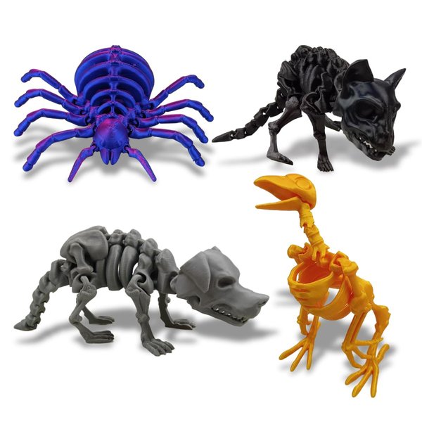 Anditoy 4 Pack 3D Printed Halloween Skeleton Cat Spider Crow Dog Articulated Skeleton Desk Toy for Halloween Indoor Decorations Halloween Treat Bags Gifts