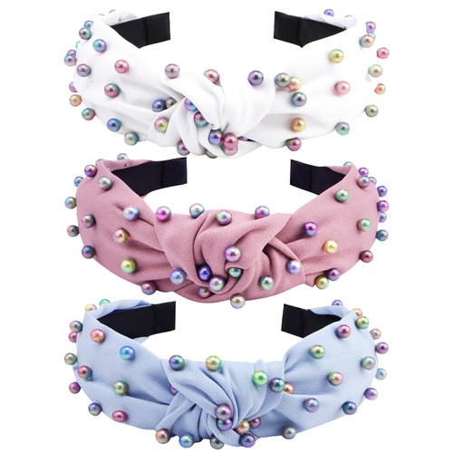 COCIDE 3 PCS Headbands for Women Colorful Pearls Knotted Headbands for Girls Cross Knot Twisted Hairband Turban Hair Band Hair Accessories Gift for Women (White,Pink,Blue)