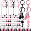 Landical 12 Sets Metal Beadable Keychain Bars with Wood Dog Paw Bone Beads Wooden Beads Bulk Pets Footprint Charm Animal Beads Keychain Kit for Kids Easter DIY Craft Party Decor (Pink, Black, White)
