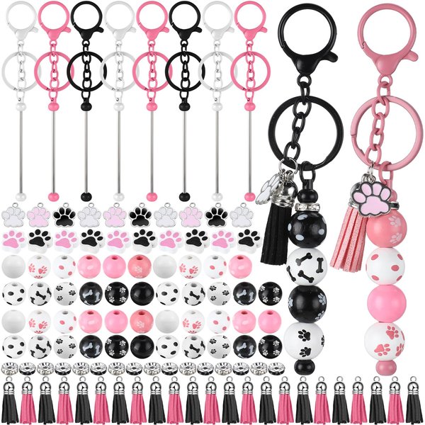 Landical 12 Sets Metal Beadable Keychain Bars with Wood Dog Paw Bone Beads Wooden Beads Bulk Pets Footprint Charm Animal Beads Keychain Kit for Kids Easter DIY Craft Party Decor (Pink, Black, White)