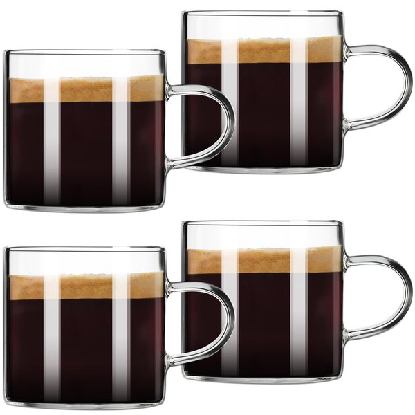 PARACITY Espresso Cups Set of 4, Insulated Espresso Accessories 4.3 OZ, High Borosilicate Espresso Shot Glass, Clear Glass Expresso Coffee Cup with Handle, Small Tea Cups, Expresso Shots Cup