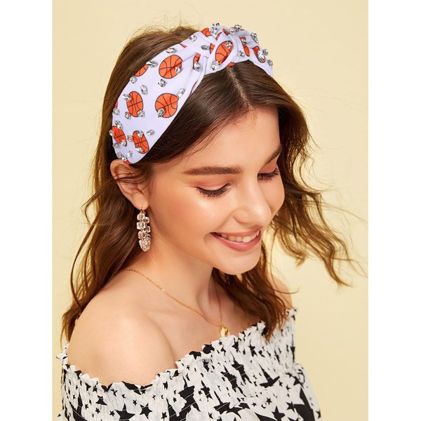 Baseball Headband Rhinestone Knotted Headband for Women Printed Basketball Football Baseball Wide Top Knot Hairband Jeweled Embellished Headband Game Day Accessories Sports Fan Gifts (Basketball)