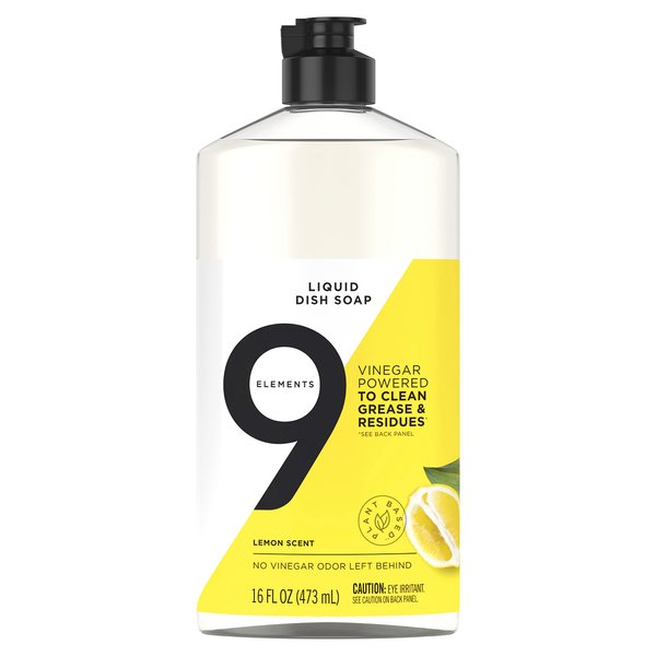 9 Elements Dishwashing Liquid Dish Soap, Lemon Scent Cleaner, 16 oz Bottle
