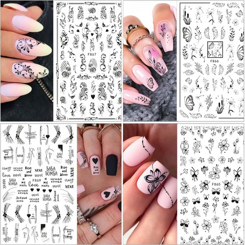 Black White Nail Art Stickers Decals, 3D Self-Adhesive Leaves Lines Flower Retro Flower Vine Pattern Nail Decals for Women Girls Nails Art DIY Manicure Decoration 10 Sheets