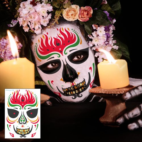 TailaiMei 12 Sheets Day of the Dead Face Skeleton Tattoos/Dia De Los Muertos, Halloween Sugar Skull Costume Makeup Temporary Tattoos for Costume Apparel Party