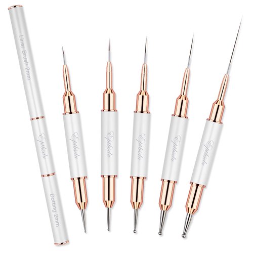 Double Ended Nail Art Brushes, Eptbsdu 5 PCS Nail Design Painting Tools including Nail Fine Liner Brushes and Nail Dotting Pens, Silver