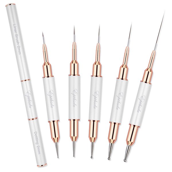 Double Ended Nail Art Brushes, Eptbsdu 5 PCS Nail Design Painting Tools including Nail Fine Liner Brushes and Nail Dotting Pens, Silver