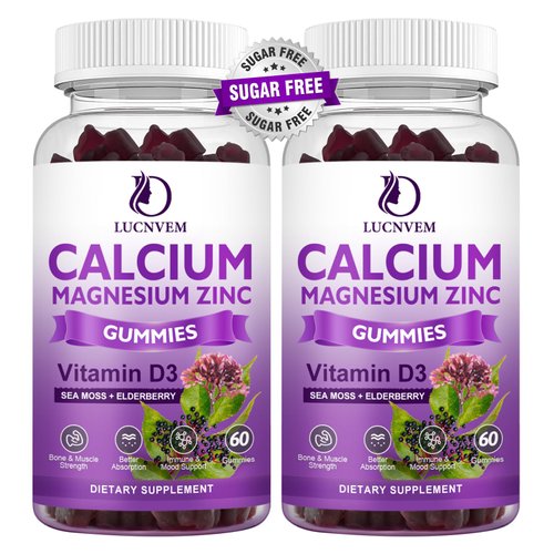 LUCNVEM Sugar Free Calcium Magnesium Zinc Gummies, Calcium Magnesium 2:1, Contains Magnesium Glycinate, Vitamin D3, Sea Moss, for Bones, Muscles, Calm Mood & Sleep Support, Vegan, 60 Gummies(2 Packs)