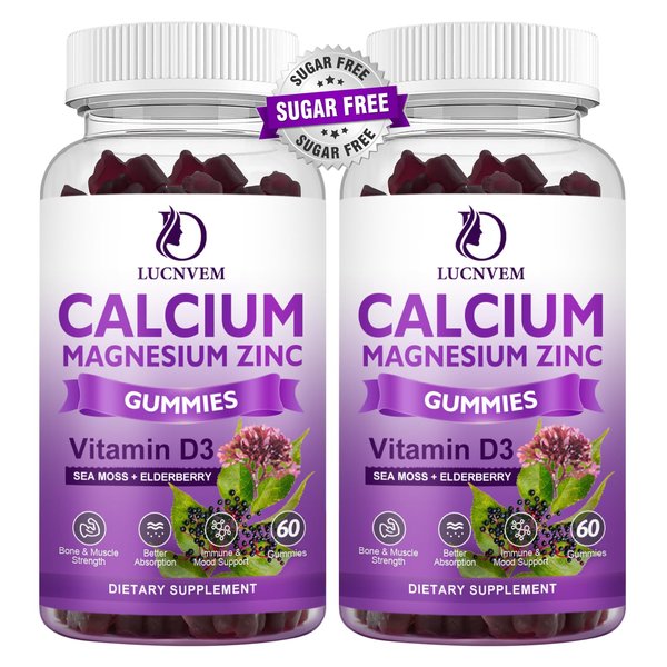 LUCNVEM Sugar Free Calcium Magnesium Zinc Gummies, Calcium Magnesium 2:1, Contains Magnesium Glycinate, Vitamin D3, Sea Moss, for Bones, Muscles, Calm Mood & Sleep Support, Vegan, 60 Gummies(2 Packs)