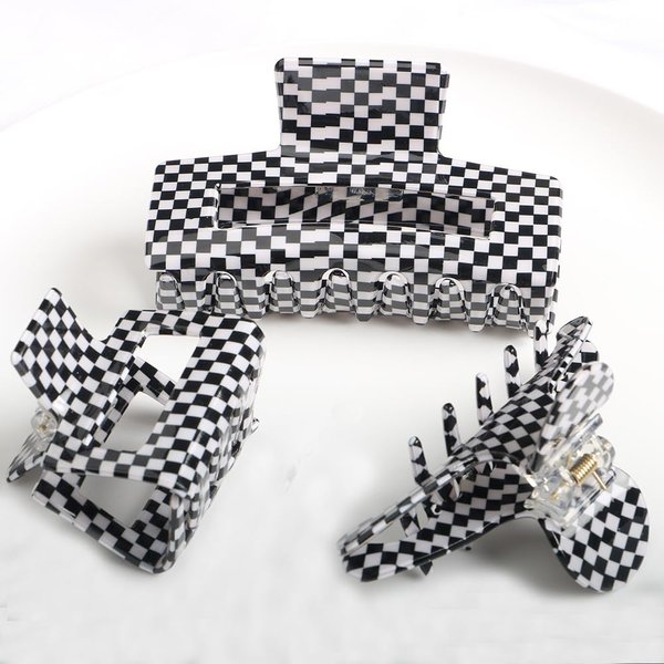 Checkered Hair Claw Clips,Pack of 3,Vintage Black/White Checkered Claw Clips Cellulose Acetate Banana Clips,Nonslip Hair Clamp for Women Girls (Black/White)