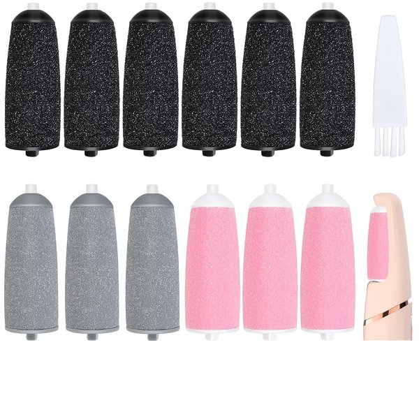 FWUNYVN 13Pcs Replacement Roller Heads for Flawless Pedi, Compatible with Finishing Touches Flawless Pedi Electric Foot File,Home Pedicure Kit, 6 Black Coarse＆3 Gray Fine＆3 Pink Fine,a Cleaning Brush